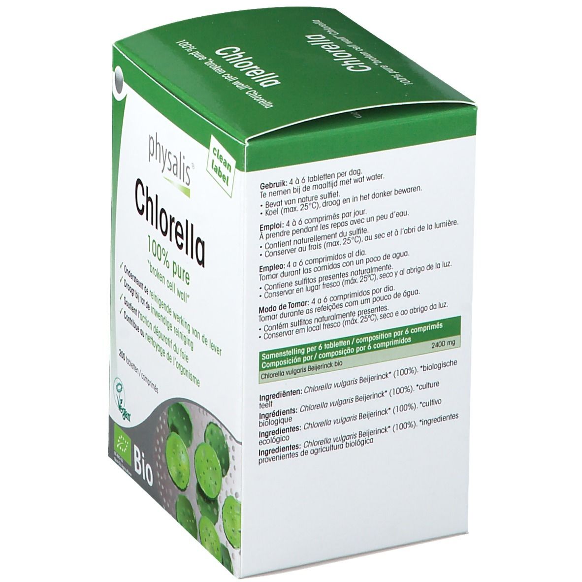 Achterkant van de Physalis Chlorella Bio verpakking. Bevat informatie over gebruik, ingrediënten en voedingswaarde.
