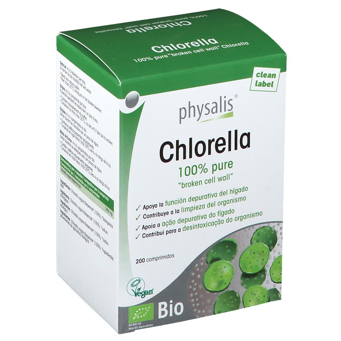 Doos van Physalis Chlorella Bio. Groen-witte verpakking met productnaam en bio-label. Bevat 200 tabletten.