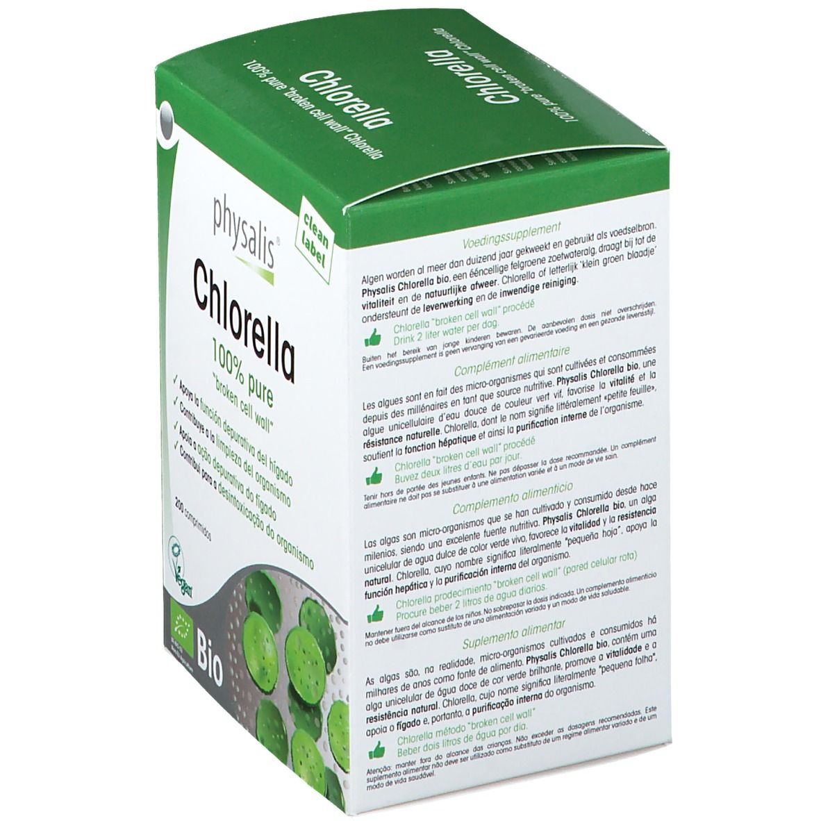 Achterkant van de Physalis Chlorella Bio verpakking. Bevat informatie over gebruik, ingrediënten en voedingswaarde.