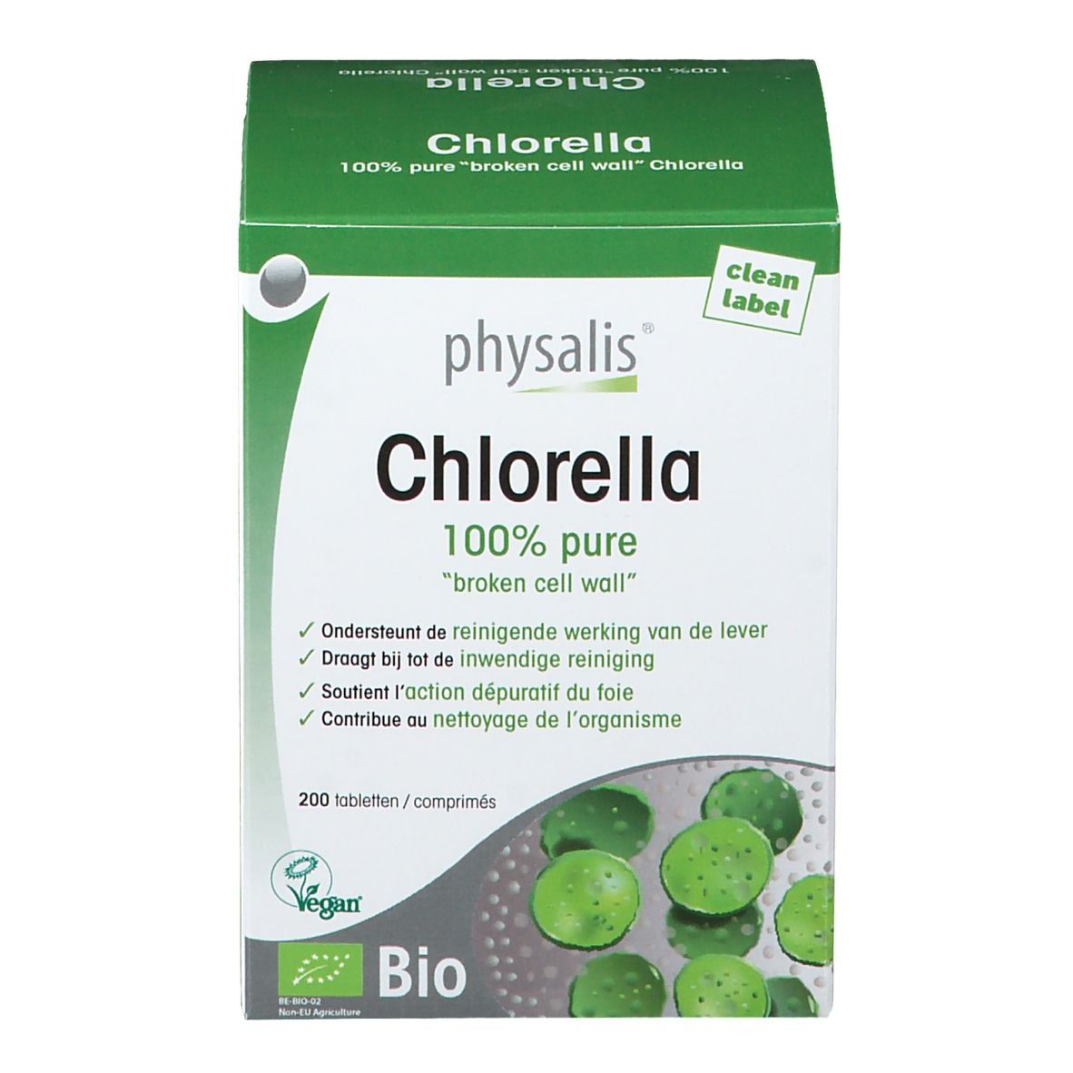 Doos van Physalis Chlorella Bio. Groen-witte verpakking met productnaam en bio-label. Bevat 200 tabletten.