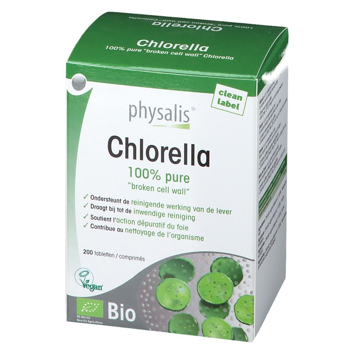 Doos van Physalis Chlorella Bio. Groen-witte verpakking met productnaam en bio-label. Bevat 200 tabletten.