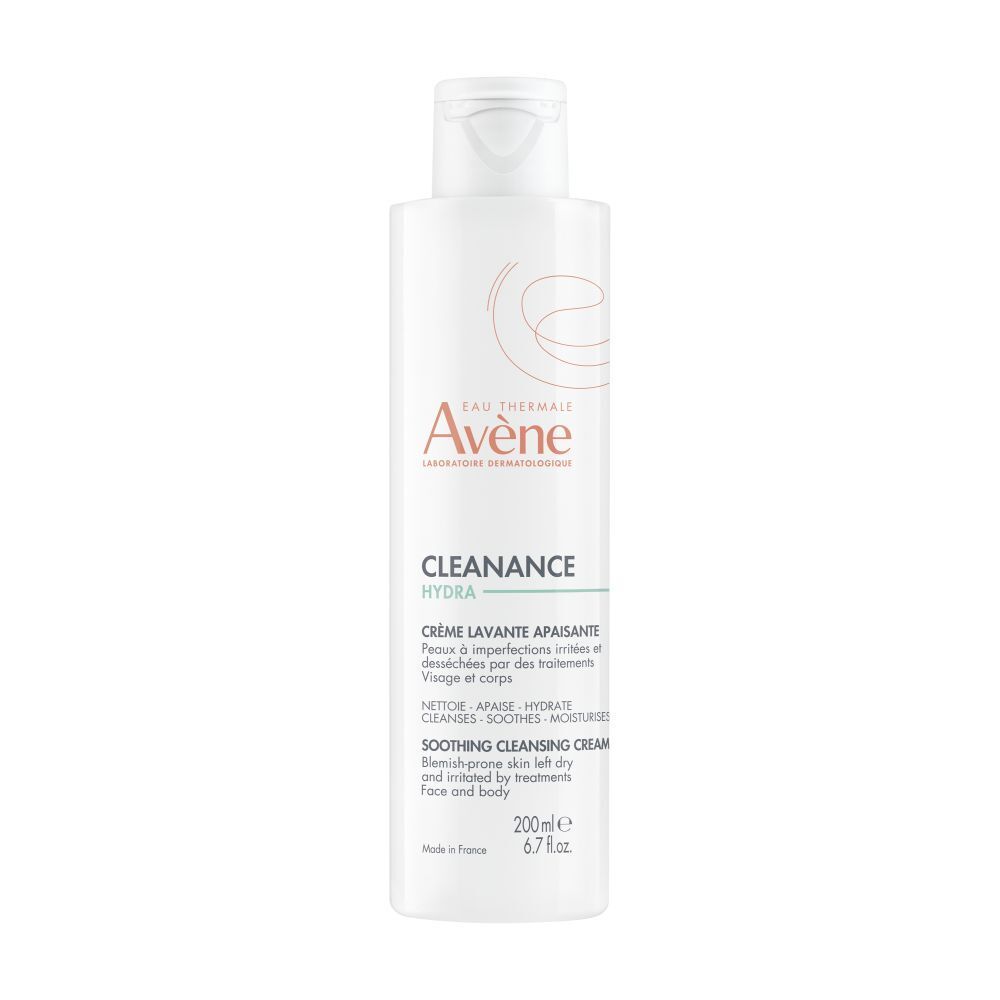 Weiße Flasche mit weißem Deckel. Aufschrift: Eau Thermale Avène, Cleanance HYDRA, Reinigungscreme.