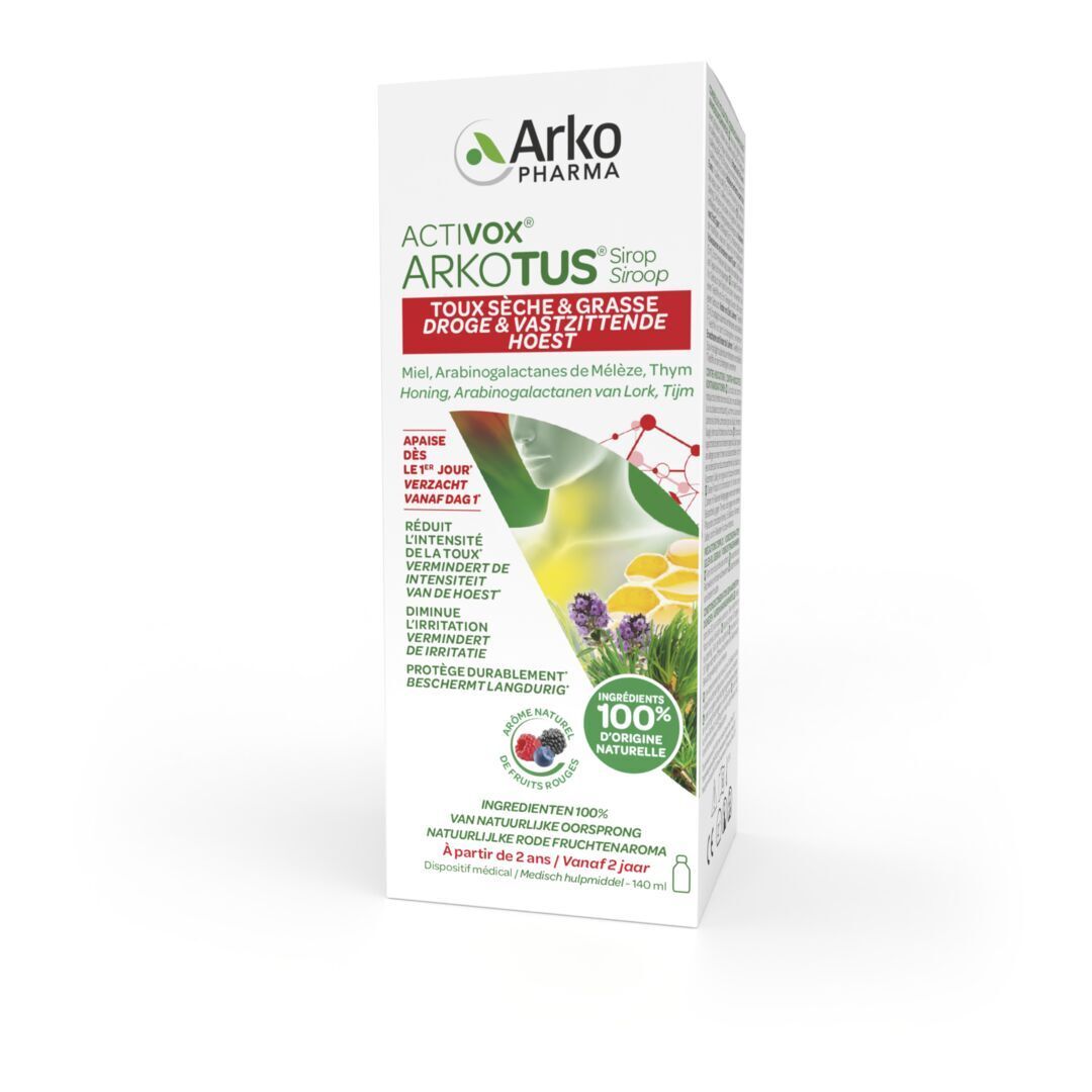 Emballage du produit. Emballage avec logo Activox et informations sur le produit. Contient des illustrations et du texte.