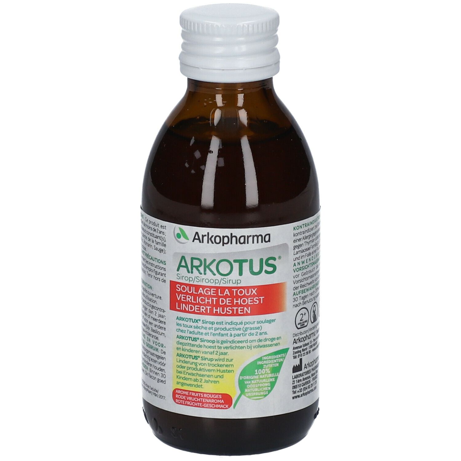 Flacon en verre brun avec bouchon blanc. Étiquette Arkotus avec texte multilingue. Nom du produit et informations.