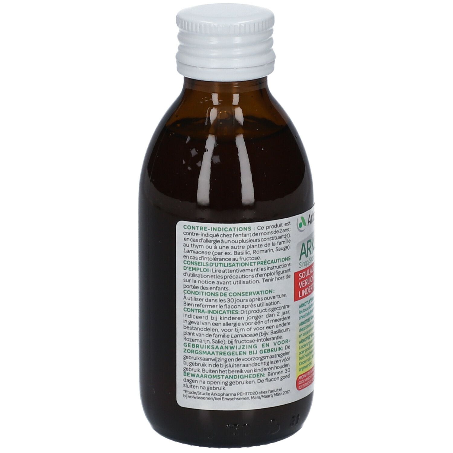 Dos d'un flacon en verre brun avec bouchon blanc. Étiquette avec texte multilingue. Contient des informations sur les ingrédients et les avertissements.