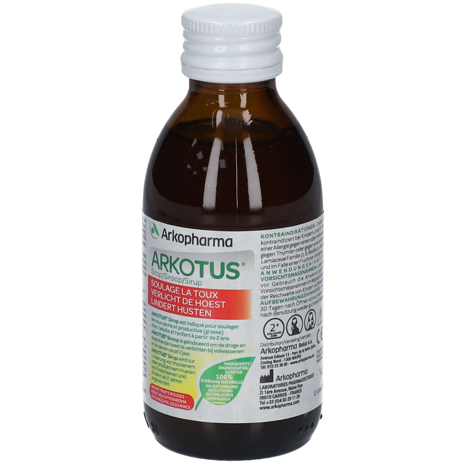 Flacon en verre brun avec bouchon blanc. Étiquette Arkotus avec texte multilingue. Nom du produit et informations.