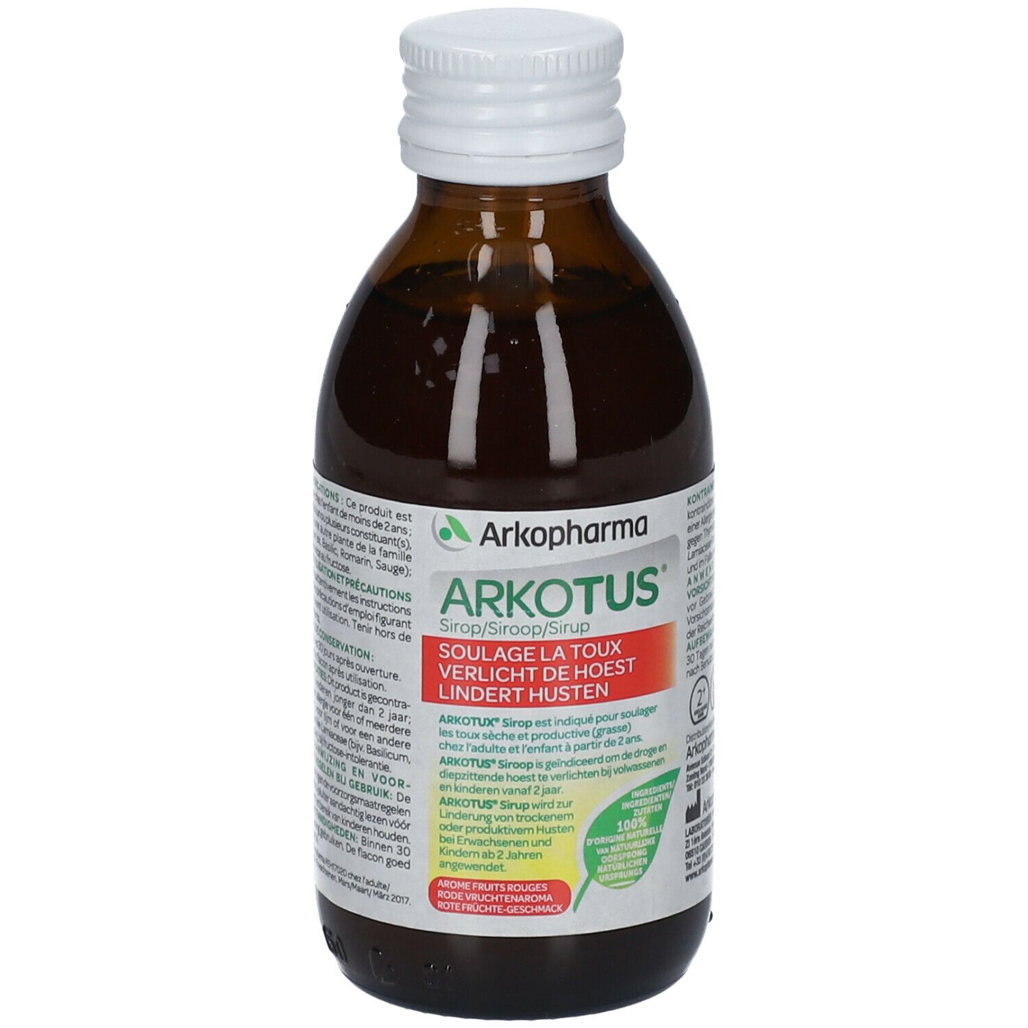 Flacon en verre brun avec bouchon blanc. Étiquette Arkotus avec texte multilingue. Nom du produit et informations.