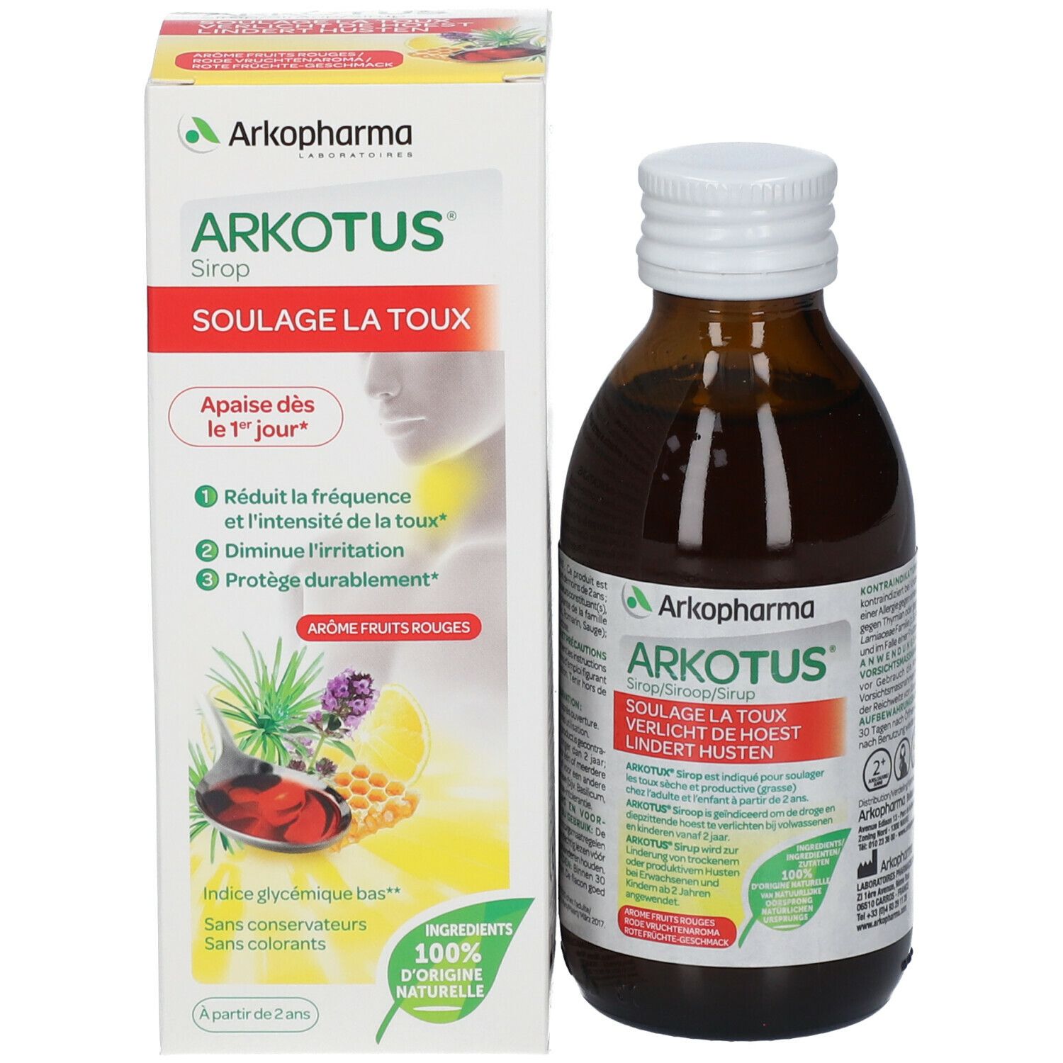 Emballage du produit et flacon. Emballage avec logo Arkotus et informations sur le produit. Flacon avec bouchon blanc.