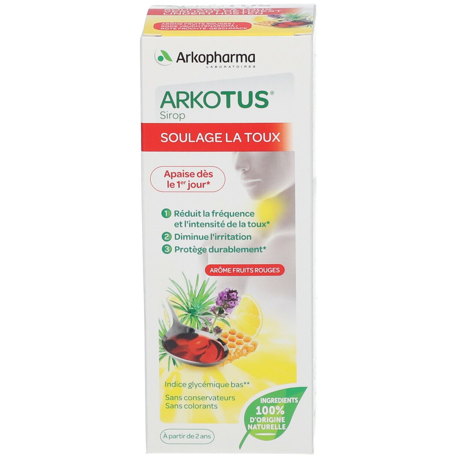 Emballage du produit. Emballage avec logo Arkotus et informations sur le produit. Contient des illustrations et du texte.