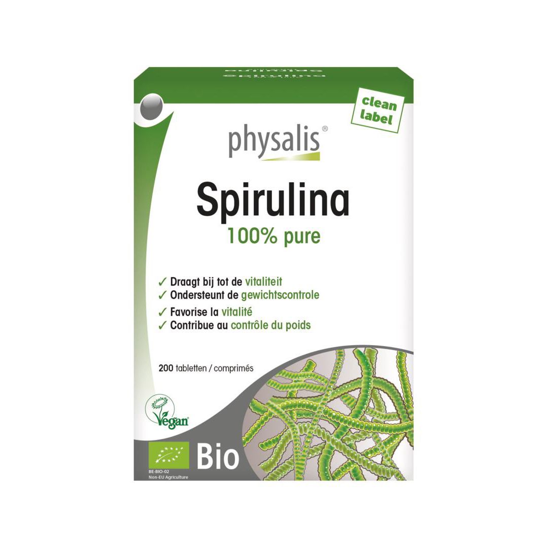 Doos Physalis Spirulina Bio. Groen-witte verpakking met productnaam en 100% pure. Bevat 200 tabletten. Bio-keurmerk.