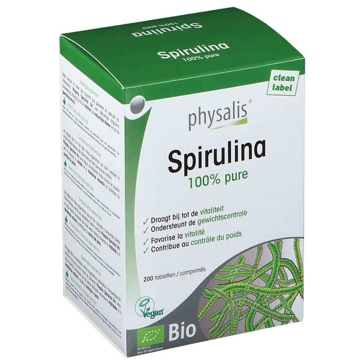Doos Physalis Spirulina Bio. Groen-witte verpakking met productnaam en 100% pure. Bevat 200 tabletten. Bio-keurmerk.