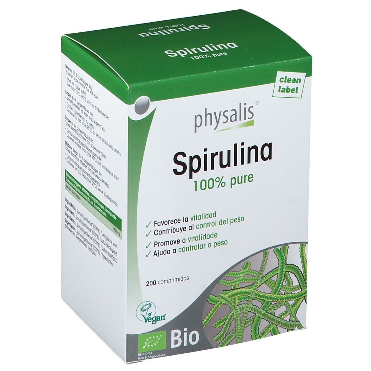 Doos Physalis Spirulina Bio. Groen-witte verpakking met productnaam en 100% pure. Bevat 200 tabletten. Bio-keurmerk.