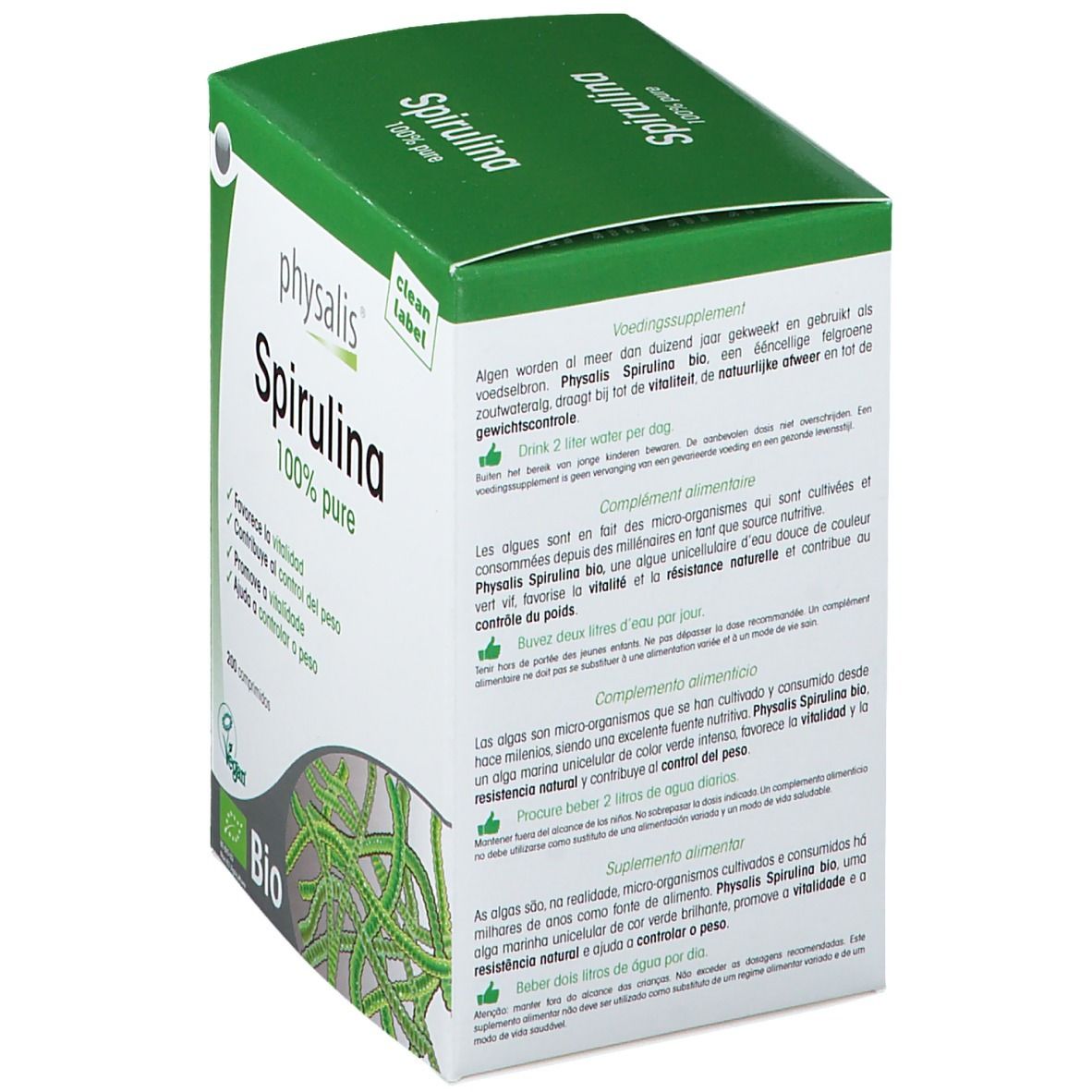 Doos Physalis Spirulina Bio. Groen-witte verpakking met productinformatie. Bevat 200 tabletten. Bio-keurmerk.