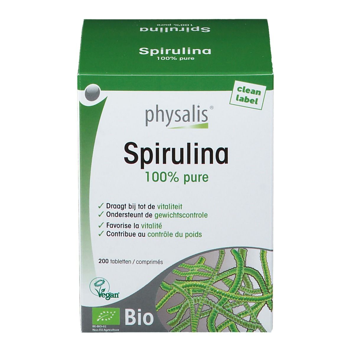 Doos Physalis Spirulina Bio. Groen-witte verpakking met productnaam en 100% pure. Bevat 200 tabletten. Bio-keurmerk.