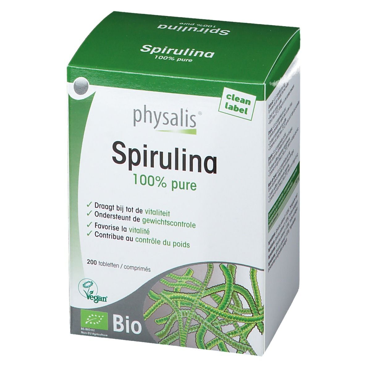 Doos Physalis Spirulina Bio. Groen-witte verpakking met productnaam en 100% pure. Bevat 200 tabletten. Bio-keurmerk.