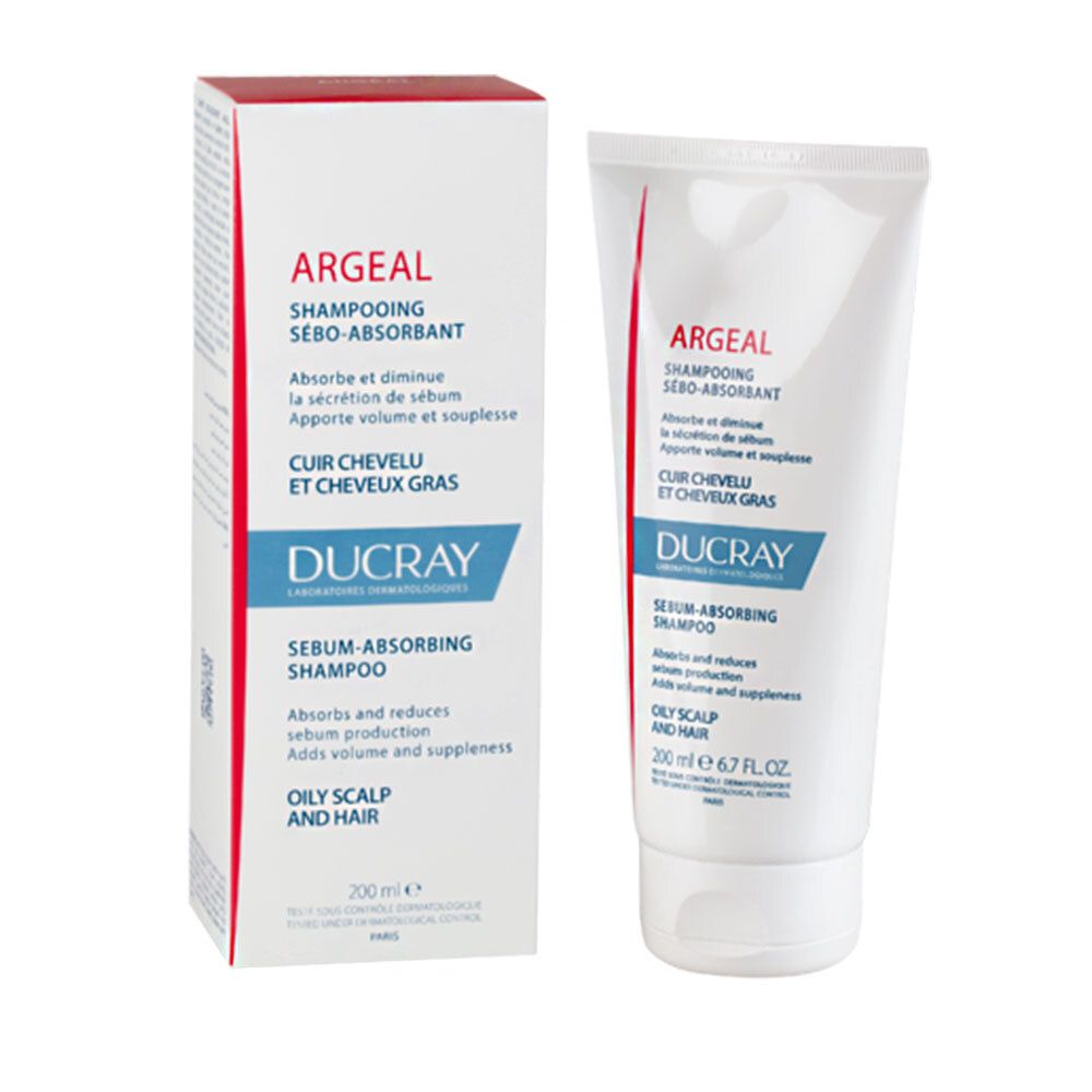 Doos en tube shampoo. Op de doos staat Argeal Shampoo. De tube is wit met blauwe en rode tekst.