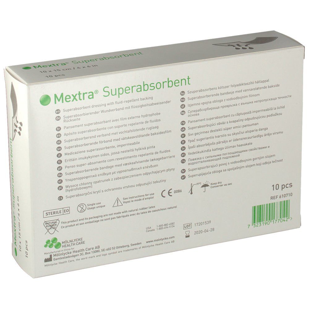 Dos de la boîte de Mextra® Superabsorbent. Texte multilingue. Informations sur la stérilité et le fabricant.