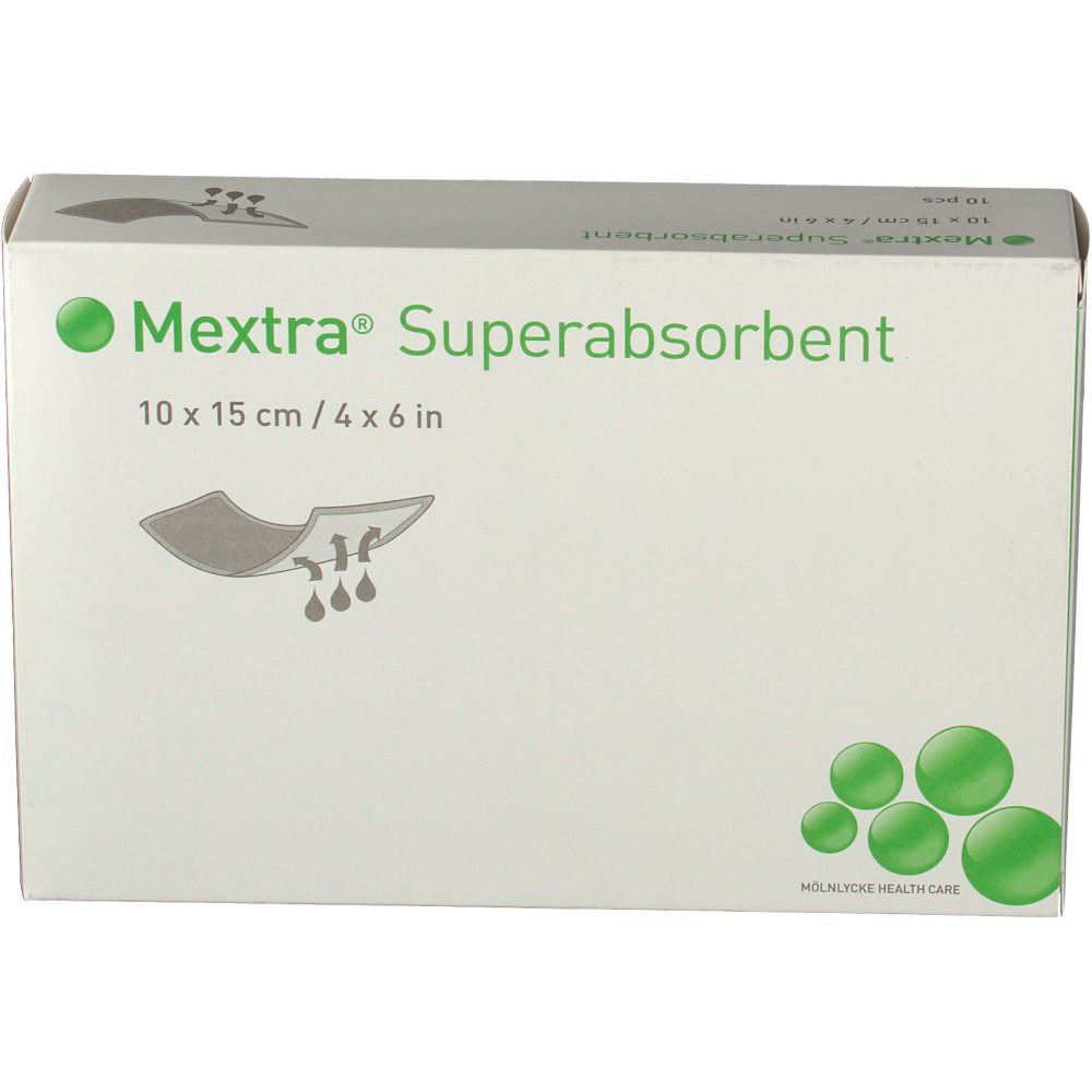 Boîte de Mextra® Superabsorbent. Inscription : 10 x 15 cm / 4 x 6 pouces. Illustration d'un pansement.