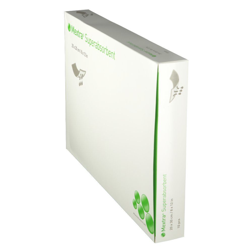 Vue latérale de l'emballage de Mextra® Superabsorbent. Inscription : 20 x 30 cm / 8 x 12 pouces. Couleurs vert et blanc.