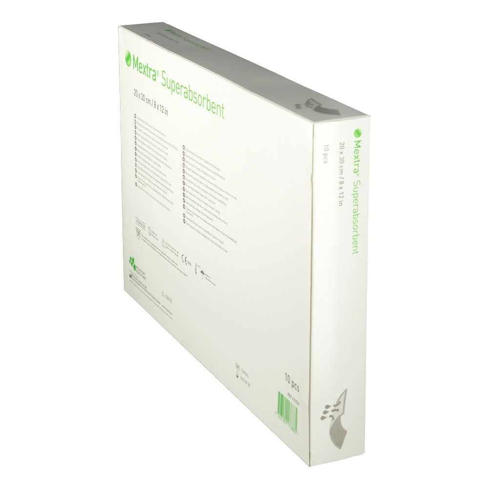 Vue latérale de l'emballage de Mextra® Superabsorbent. Inscription : 20 x 30 cm / 8 x 12 pouces. Contient des informations et des symboles. 10 pièces.