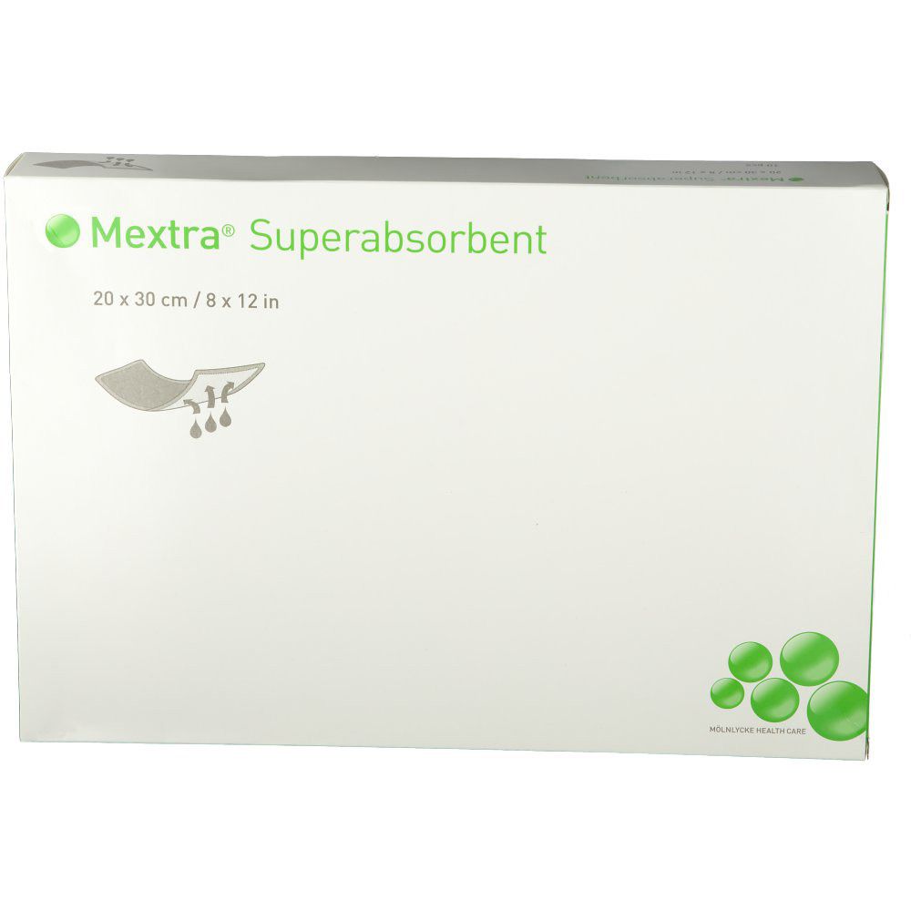 Emballage de Mextra® Superabsorbent. Inscription : 20 x 30 cm / 8 x 12 pouces. Illustration d'absorption de liquide. Couleurs vert et blanc.