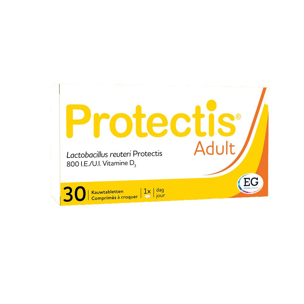 Boîte blanche et jaune. Inscription: Protectis Adult, 30 comprimés à croquer, 800 UI vitamine D3.