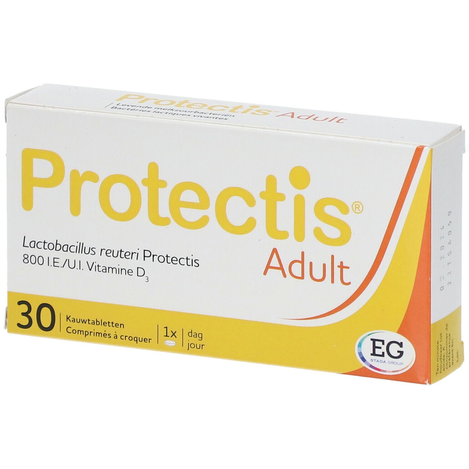 Boîte blanche et jaune. Inscription: Protectis Adult, 30 comprimés à croquer, 800 UI vitamine D3.