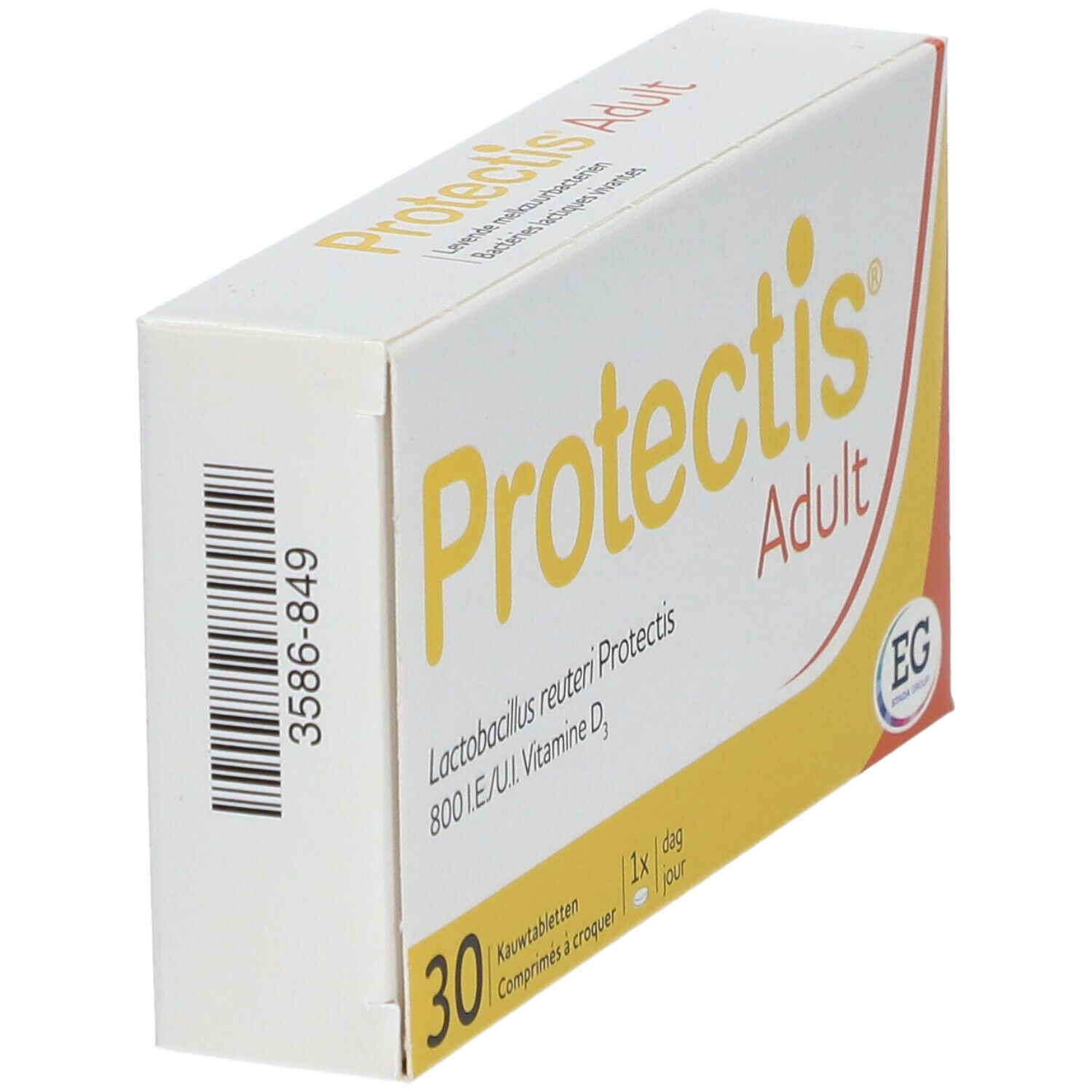 Boîte Protectis Adult, blanche avec des accents jaunes. Code-barres et inscription Protectis Adult.