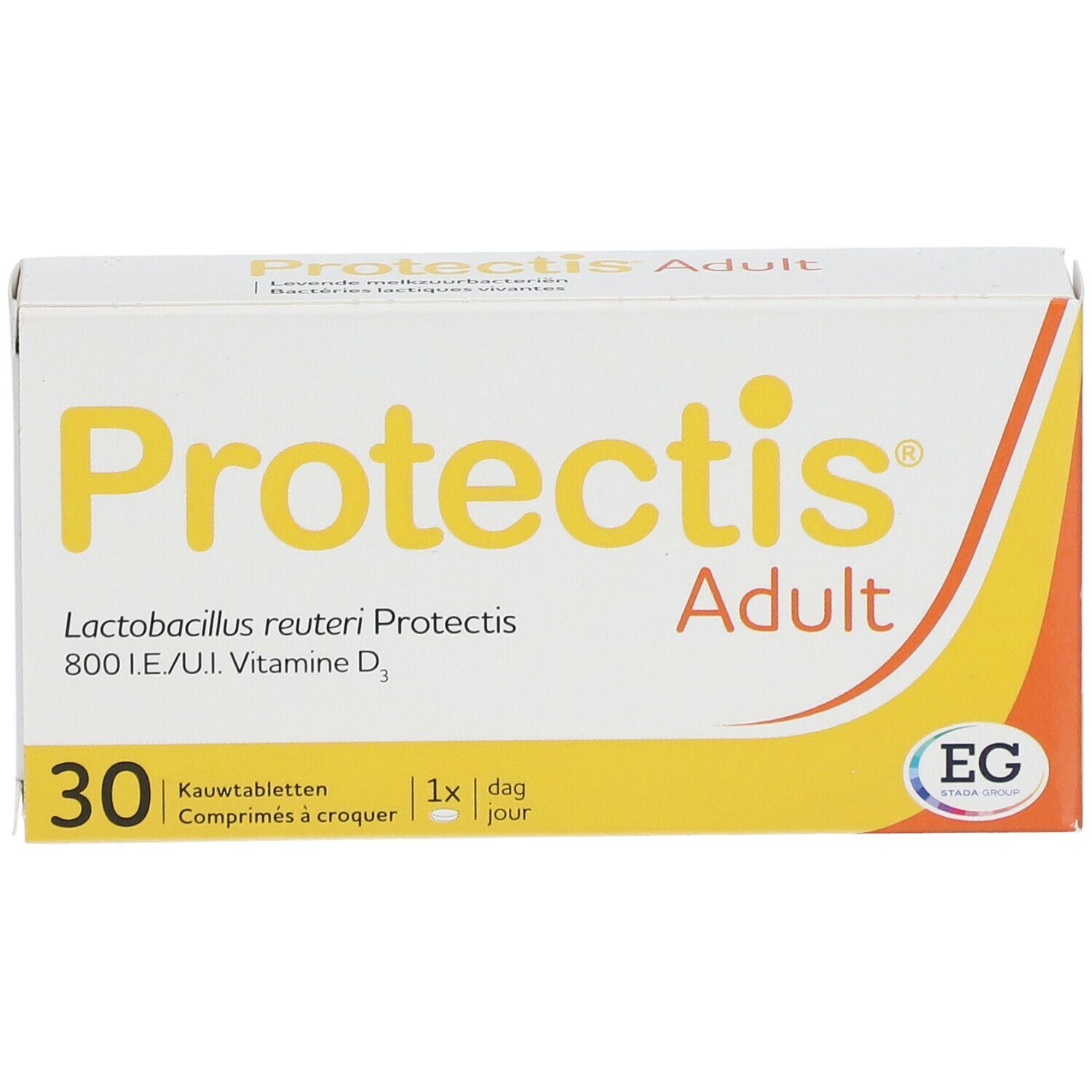 Boîte blanche et jaune. Inscription: Protectis Adult, 30 comprimés à croquer, 800 UI vitamine D3.