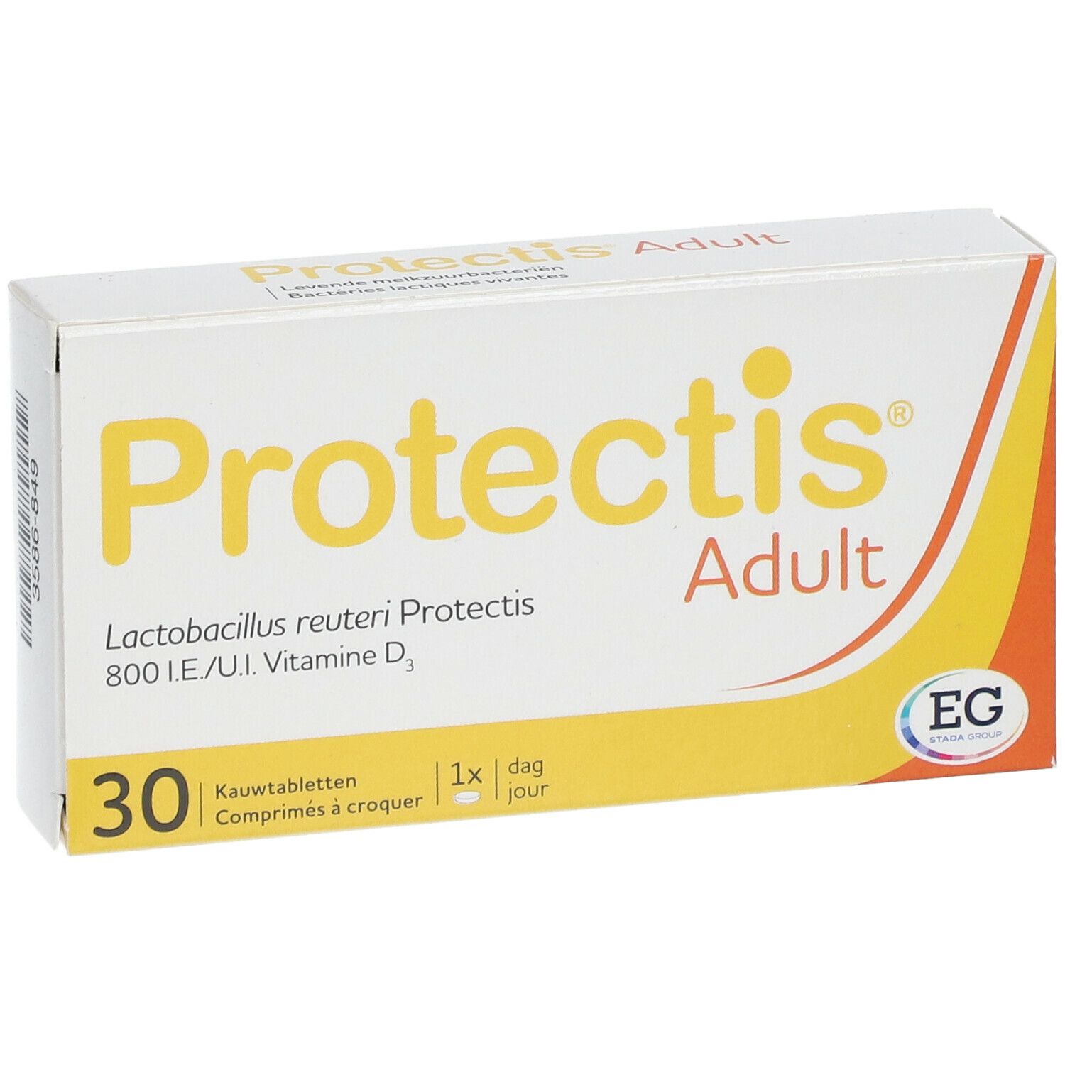Boîte blanche et jaune. Inscription: Protectis Adult, 30 comprimés à croquer, 800 UI vitamine D3.