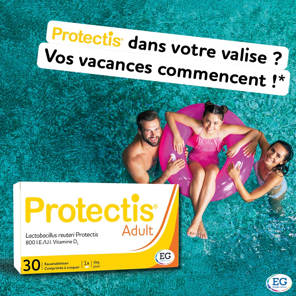 Publicité : Protectis Adult en vacances. Famille dans la piscine, image du produit.