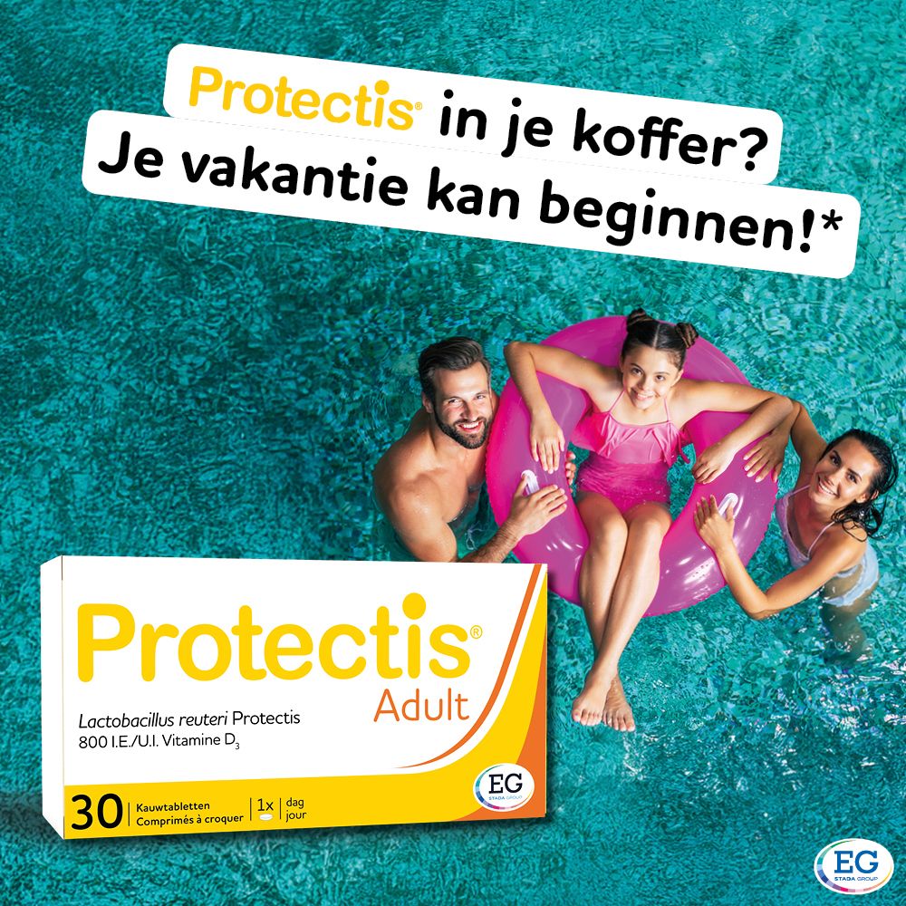 Reclame: Protectis Adult op vakantie. Familie in zwembad, productafbeelding.