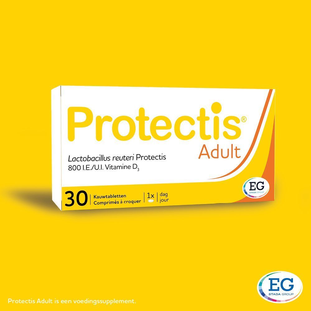Boîte blanche et jaune. Inscription: Protectis Adult, 30 comprimés à croquer, 800 UI vitamine D3.
