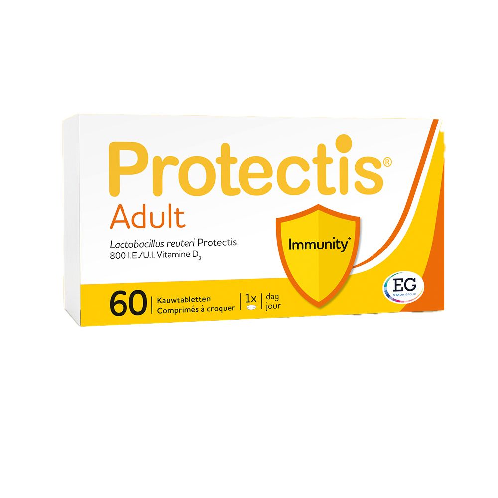 Doos Protectis Adult. Opschrift: 60 kauwtabletten, 1x per dag. Logo: schild met Immunity.