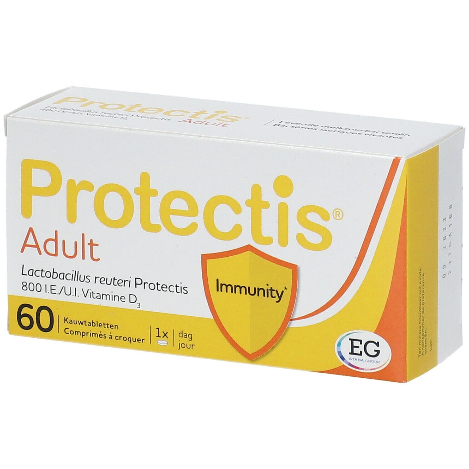 Doos Protectis Adult. Opschrift: 60 kauwtabletten, 1x per dag. Logo: schild met Immunity.