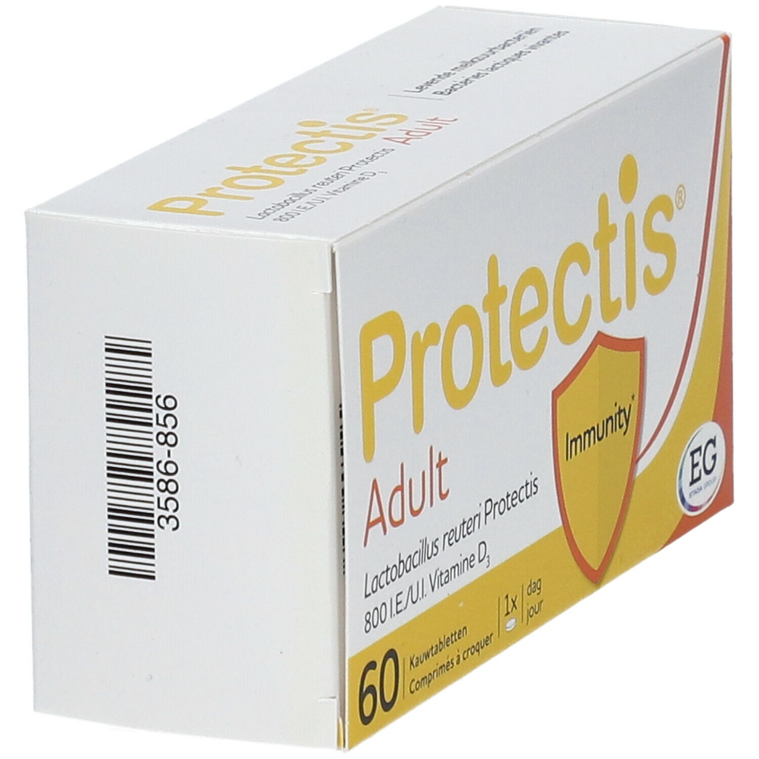 Doos Protectis Adult. Opschrift: 60 kauwtabletten, 1x per dag. Logo: schild met Immunity. Barcode.