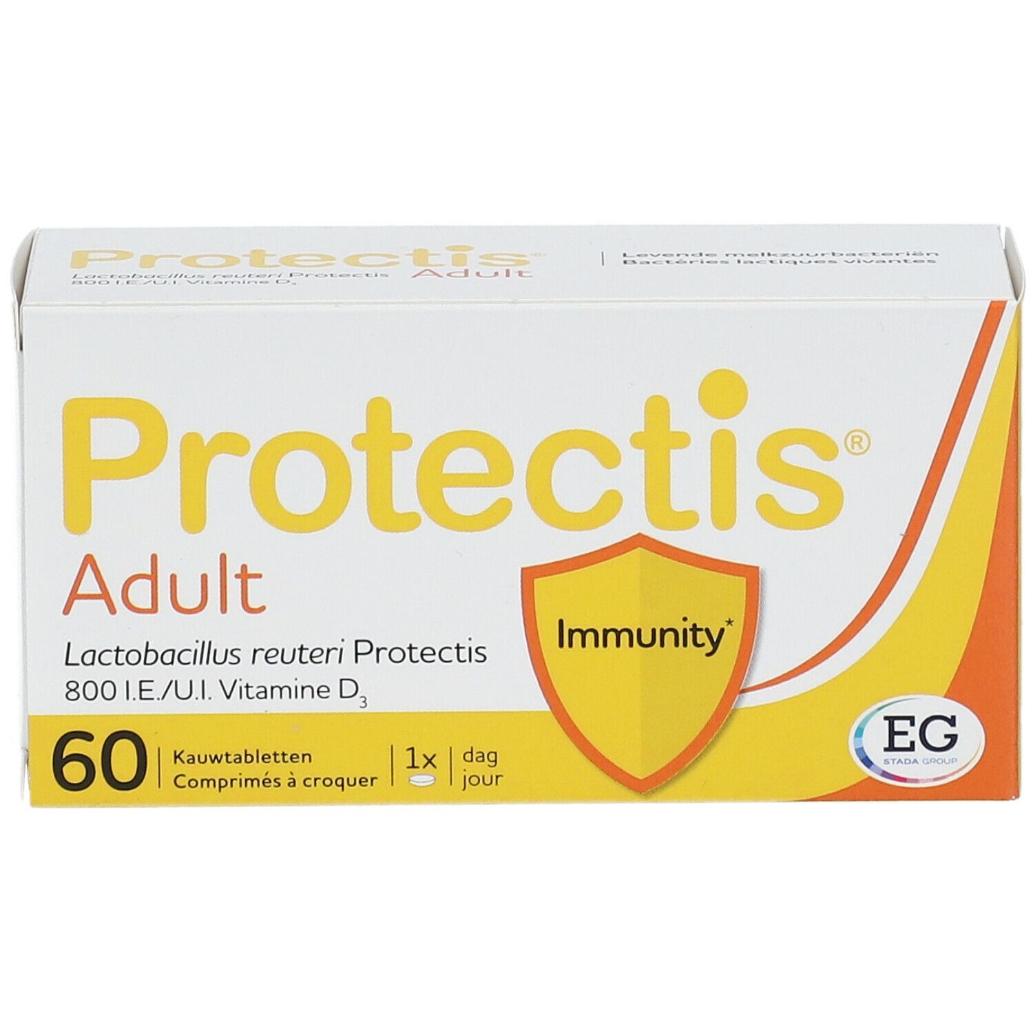 Doos Protectis Adult. Opschrift: 60 kauwtabletten, 1x per dag. Logo: schild met Immunity.