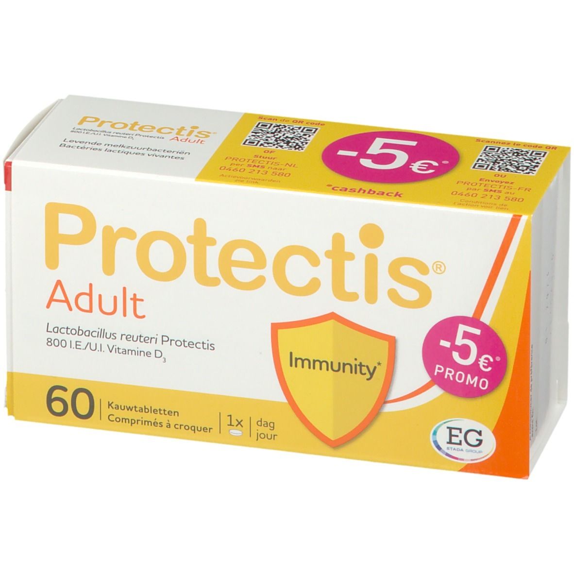 Doos Protectis Adult. Opschrift: 60 kauwtabletten, 1x per dag. Logo: schild met Immunity. Promo sticker.