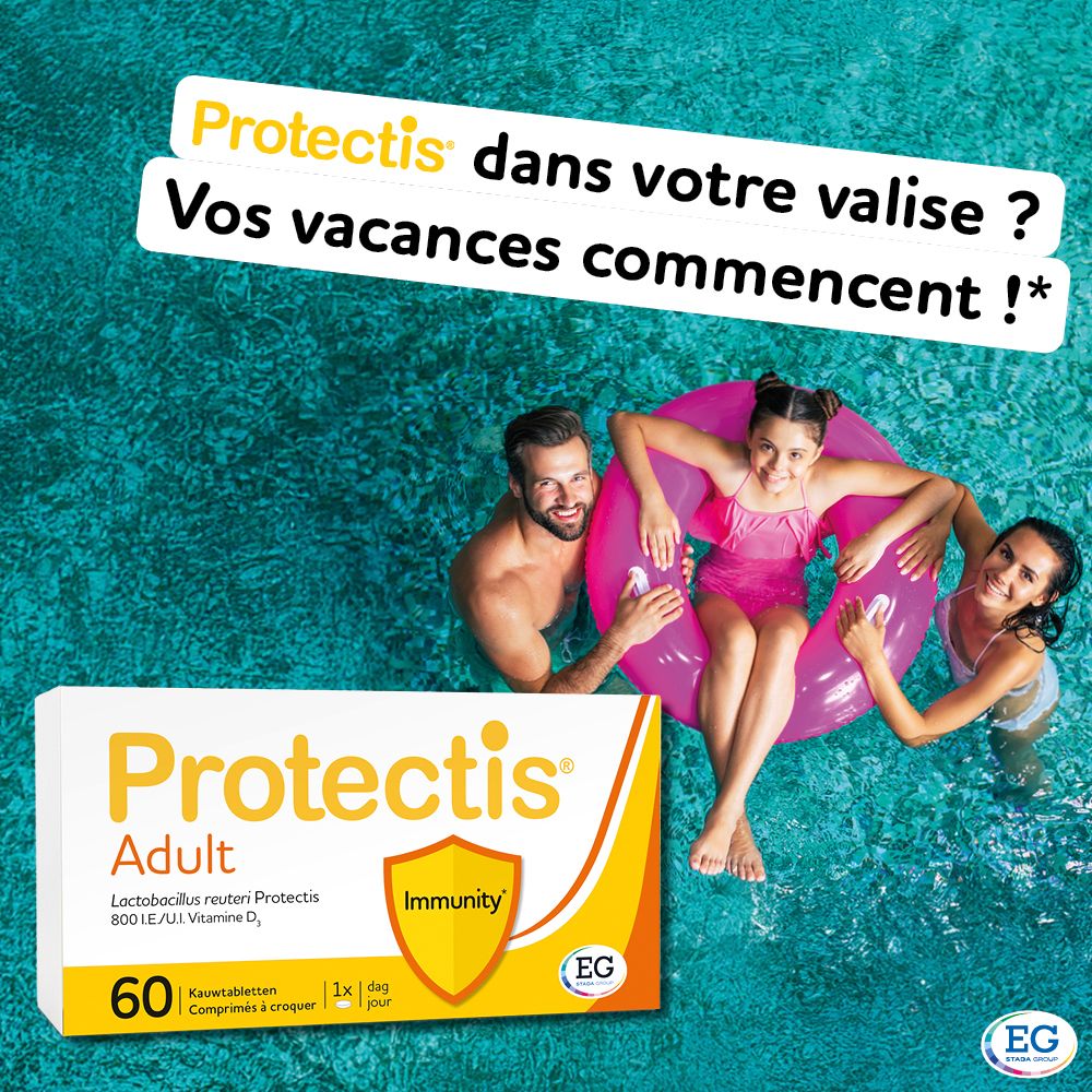 Publicité: Protectis Adult en vacances. Famille dans la piscine. Illustration du produit.