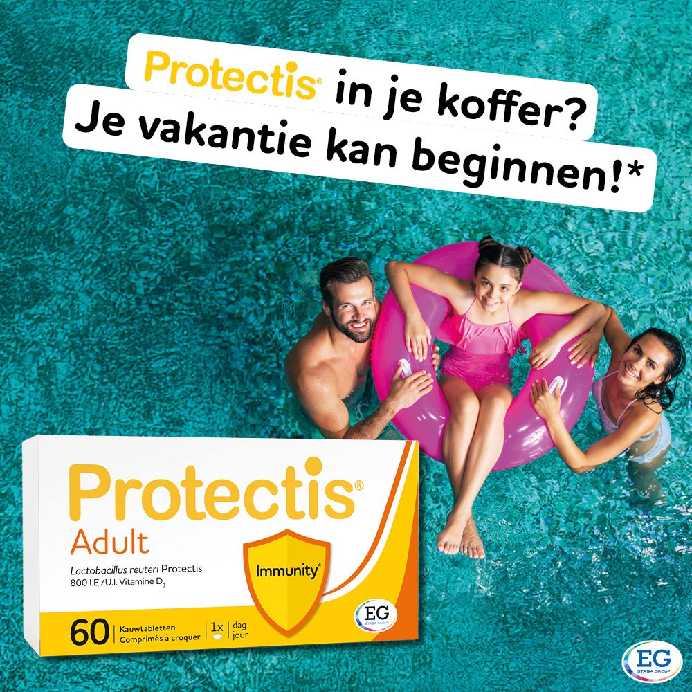 Reclame: Protectis Adult op vakantie. Familie in zwembad. Productafbeelding.