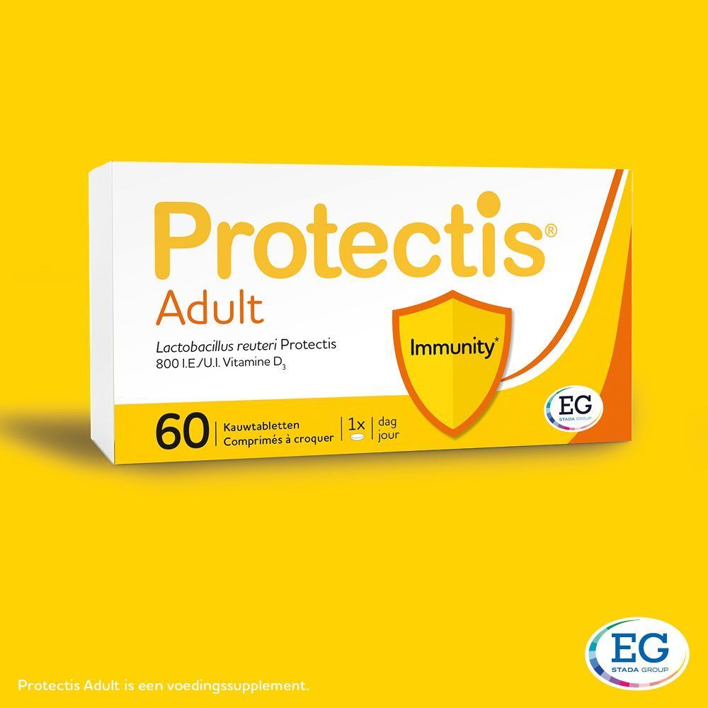 Doos Protectis Adult. Opschrift: 60 kauwtabletten, 1x per dag. Logo: schild met Immunity.
