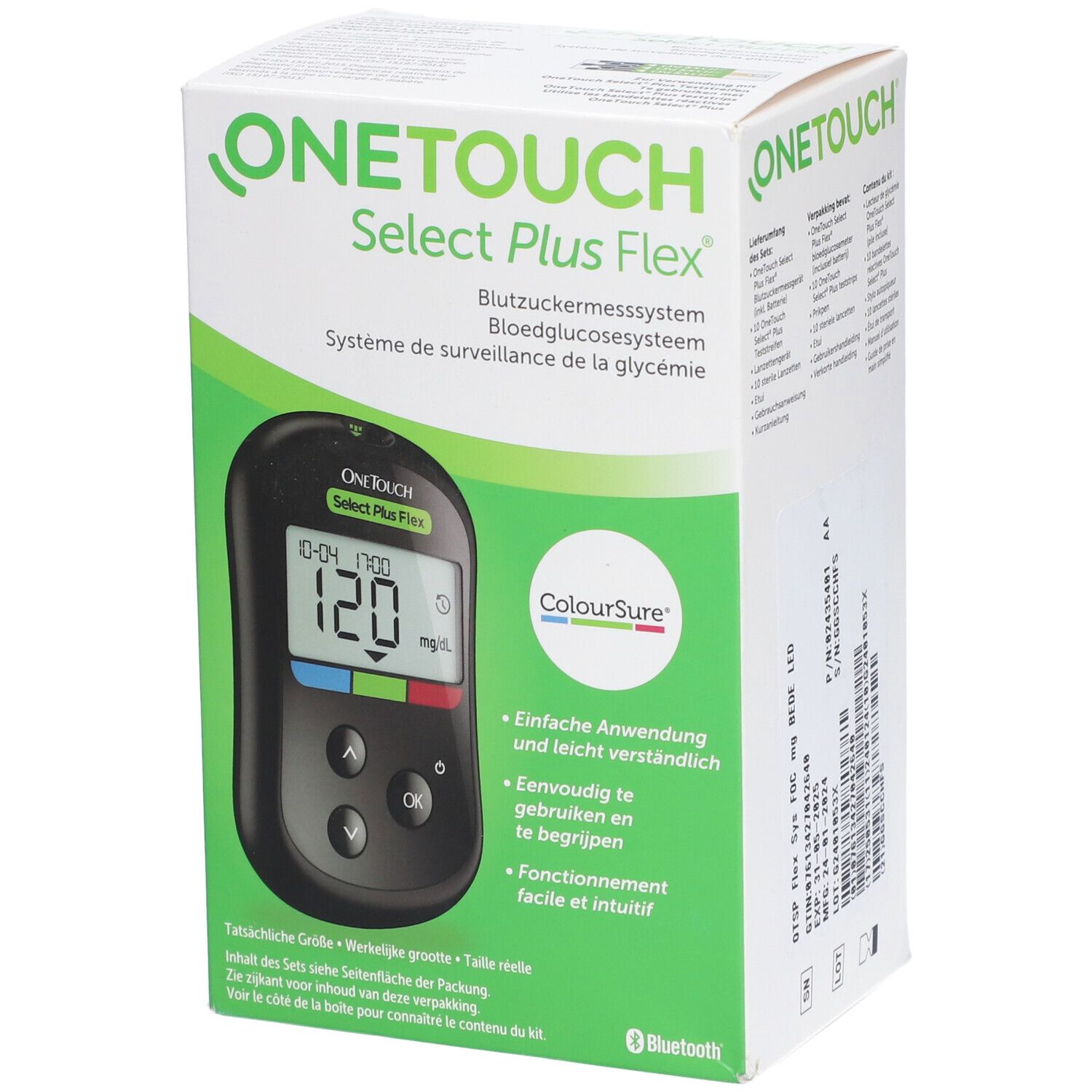 Boîte du système de surveillance de la glycémie OneTouch Select Plus Flex. Appareil de mesure avec écran affiché sur l'emballage.