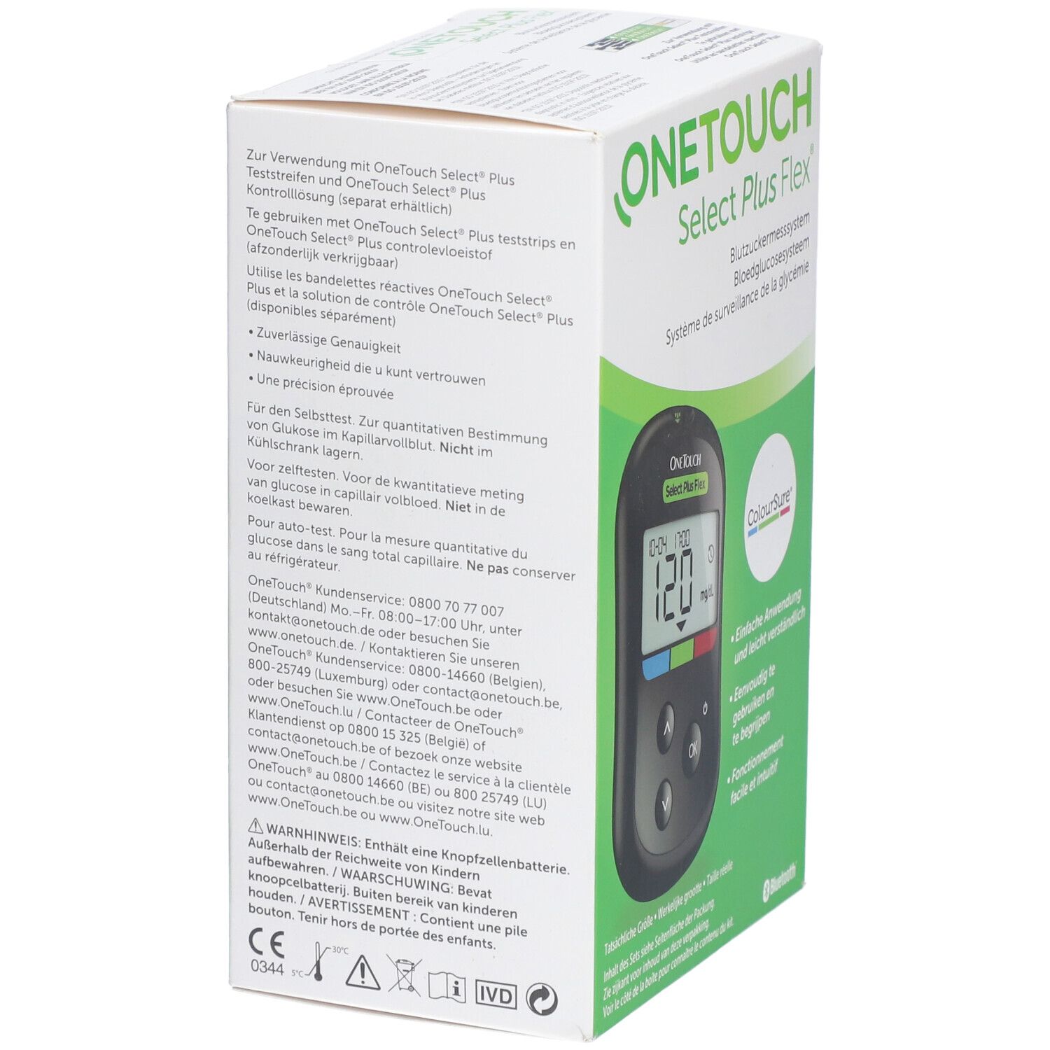 Boîte du système OneTouch Select Plus Flex. Vue latérale avec informations produit et le lecteur.