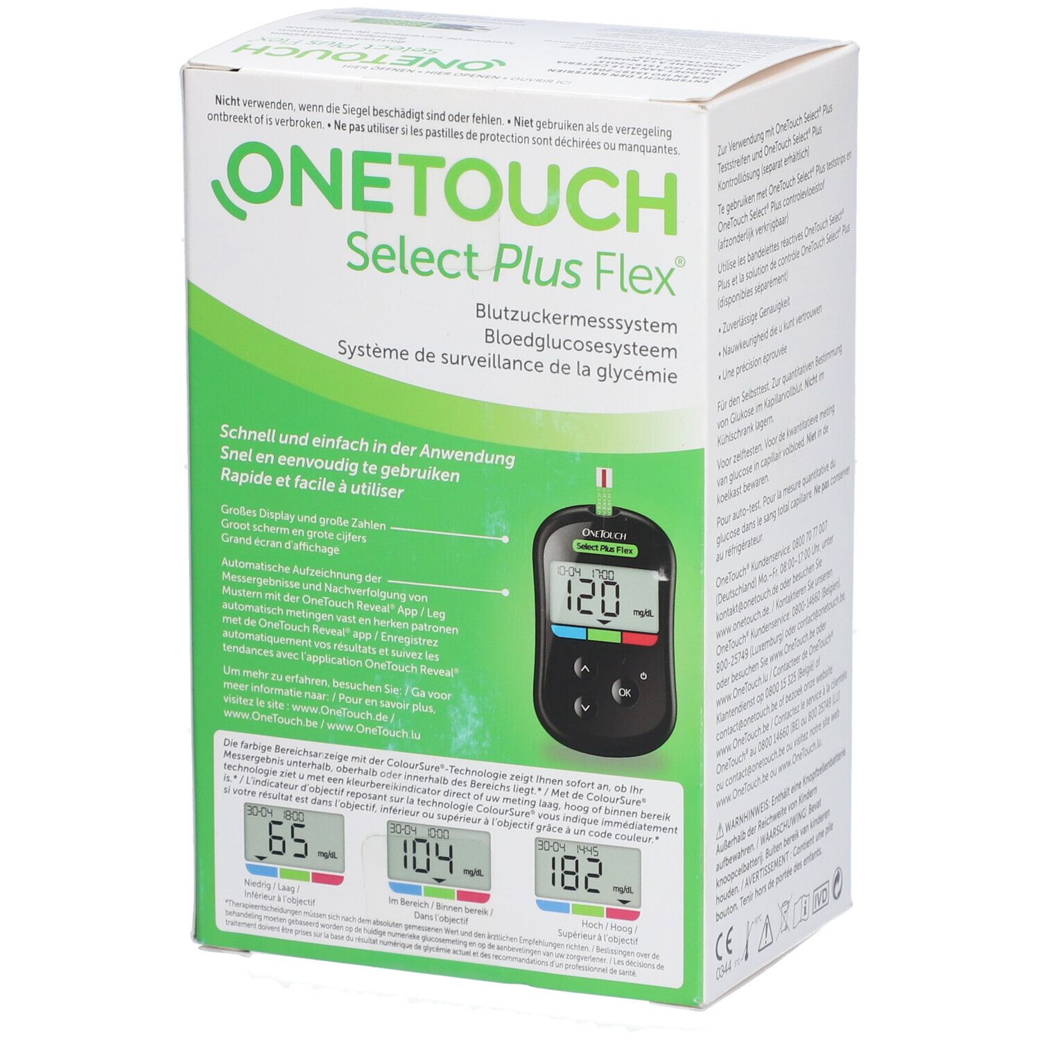 Boîte du système de surveillance de la glycémie OneTouch Select Plus Flex. Appareil de mesure avec écran affiché.