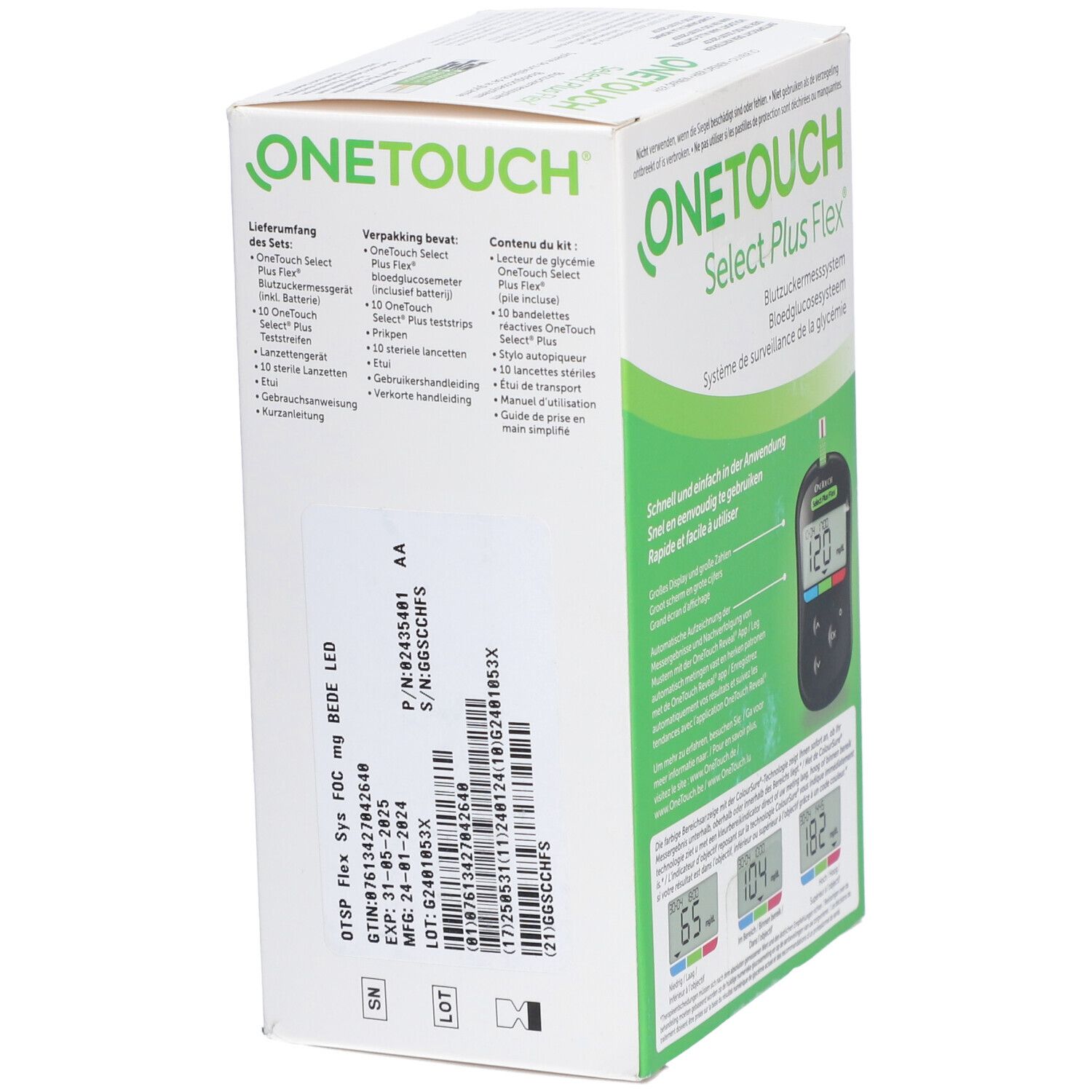 Boîte du système OneTouch Select Plus Flex. Informations produit et lecteur affichés sur l'emballage.