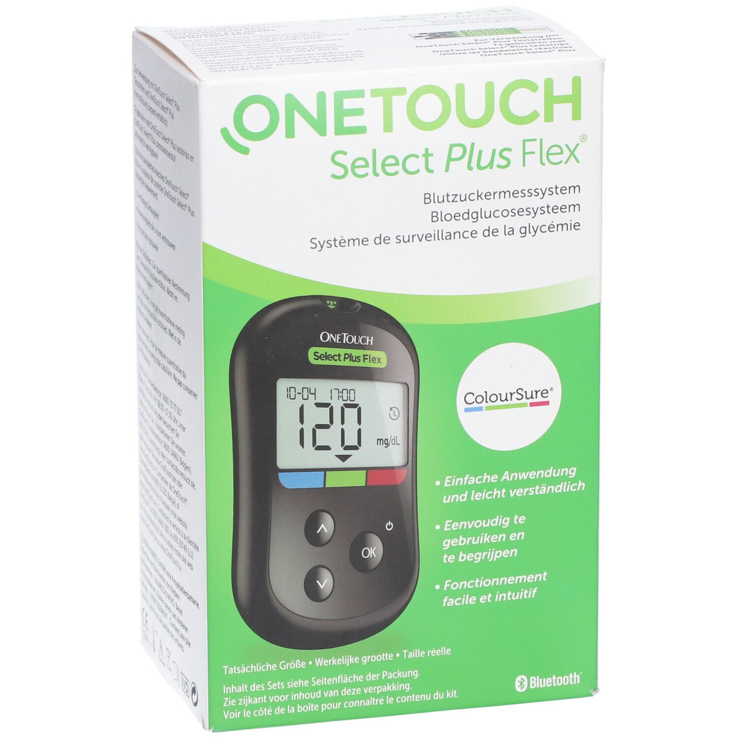 Boîte du système de surveillance de la glycémie OneTouch Select Plus Flex. Appareil de mesure avec écran affiché.