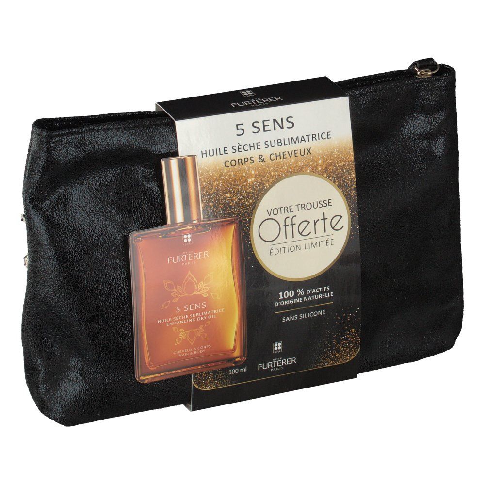 Trousse de toilette noire avec flacon d'huile sèche et emballage. Flacon avec bouchon doré. Emballage avec nom du produit et texte.