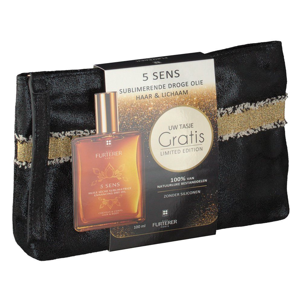 Trousse de toilette noire avec bande dorée, flacon d'huile sèche et emballage. Flacon avec bouchon doré. Emballage avec nom du produit.
