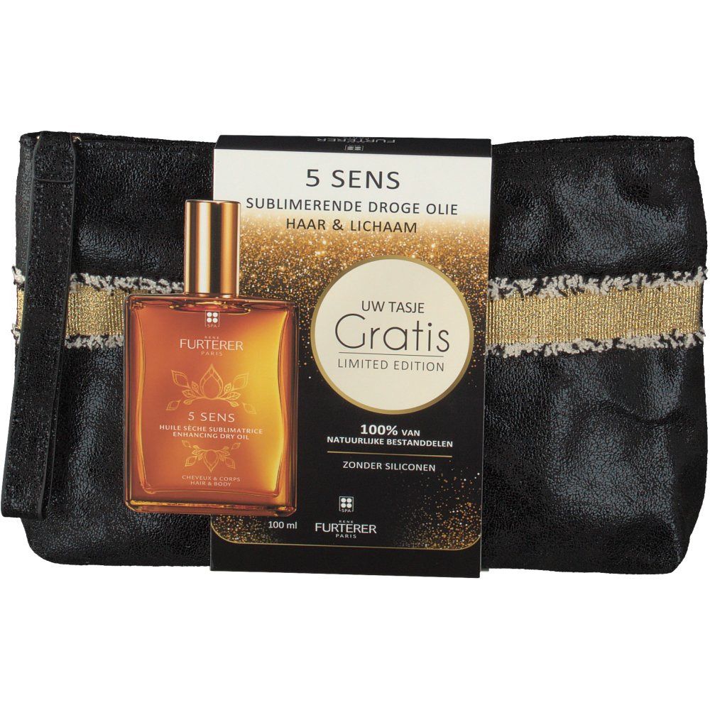 Trousse de toilette noire avec bande dorée, flacon d'huile sèche et emballage. Flacon avec bouchon doré. Emballage avec nom du produit.