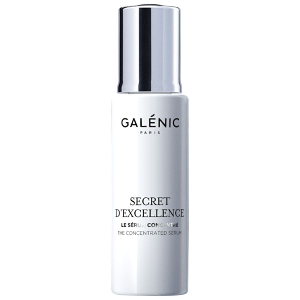 Flacon de sérum blanc avec bouchon argenté. Inscription GALÉNIC PARIS, SECRET D'EXCELLENCE, LE SÉRUM CONCENTRÉ, THE CONCENTRATED SERUM.